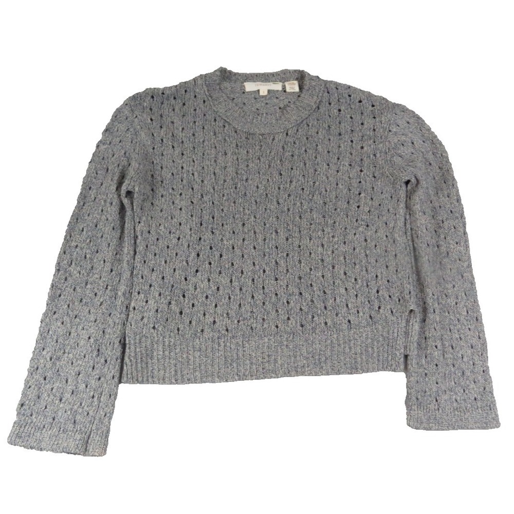 Inhabit Linen Pointelle Open Knit Crew Neck Coastal Gray Bell Sleeve Sweater Sm